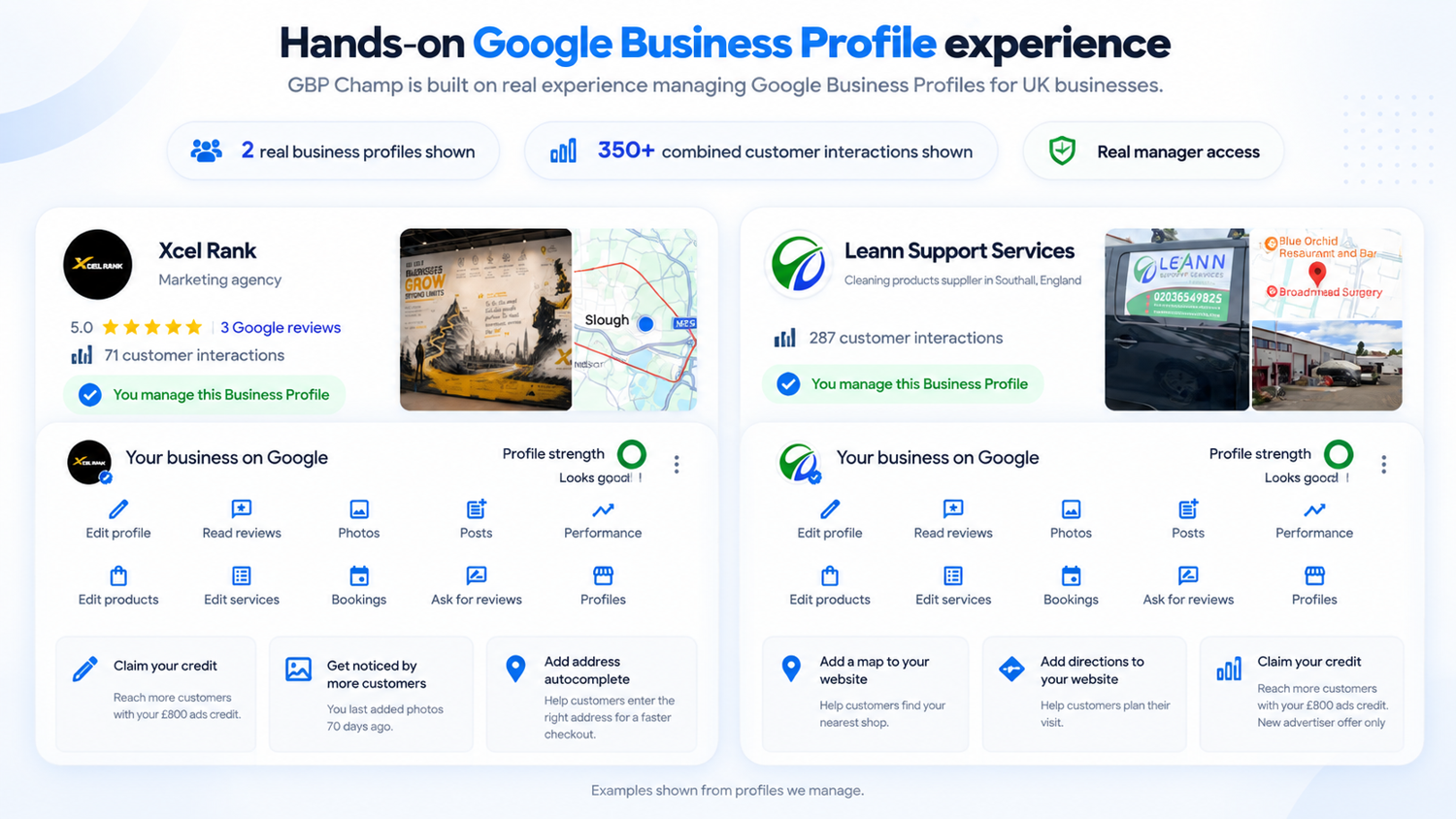 Examples of real Google Business Profiles managed with manager access